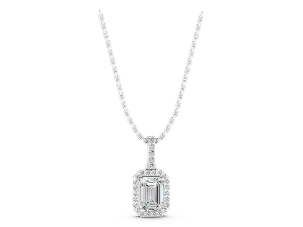 Silver Emerald Cut Halo Diamond Pendant with Prong Setting