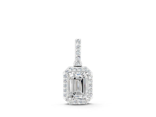 White gold Emerald Cut Halo Diamond Pendant with Prong Setting