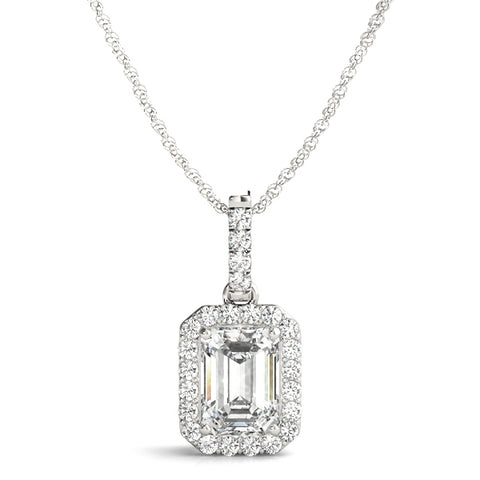 White gold Emerald Cut Halo Diamond Pendant with Prong Setting