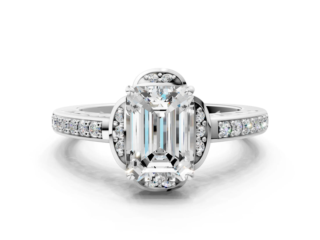 White gold Emerald Cut Halo Diamond Ring with Channel Set Band and Four-Prong Setting_32