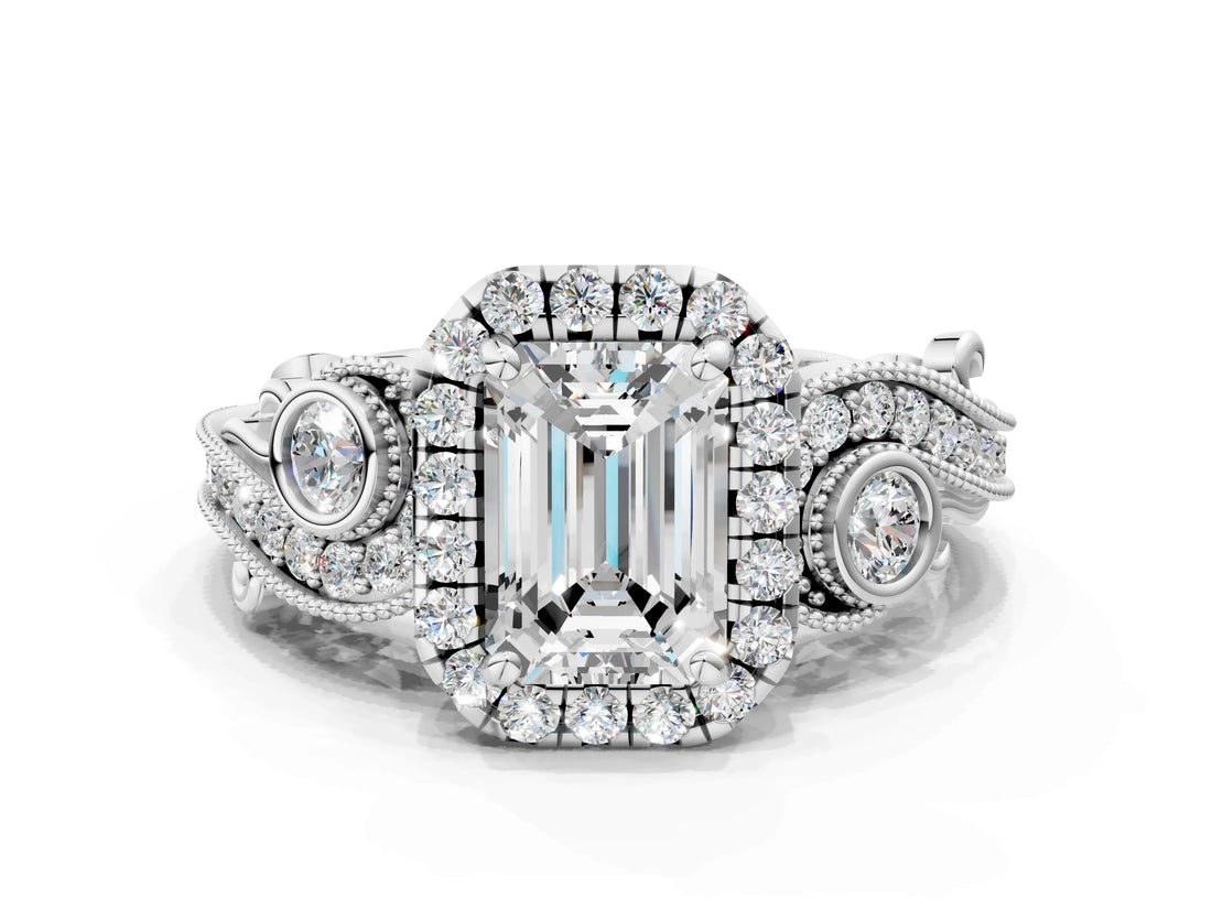 White gold Emerald Cut Halo Diamond Ring with Milgrain and Bezel Accents on a Split Shank Band_15