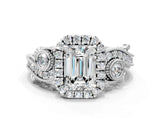 White gold Emerald Cut Halo Diamond Ring with Milgrain and Bezel Accents on a Split Shank Band_15