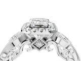White gold Emerald Cut Halo Diamond Ring with Milgrain and Bezel Accents on a Split Shank Band_19
