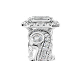 White gold Emerald Cut Halo Diamond Ring with Milgrain and Bezel Accents on a Split Shank Band_20