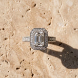 White gold Emerald Cut Halo Diamond Ring with Pavé Band and Four-Prong Setting_15