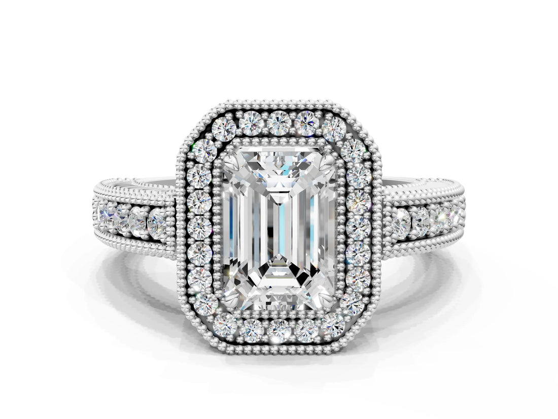 White gold Emerald Cut Halo Diamond Ring with Pavé Band and Four-Prong Setting_71