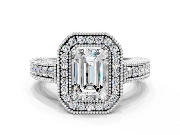 White gold Emerald Cut Halo Diamond Ring with Pavé Band and Four-Prong Setting