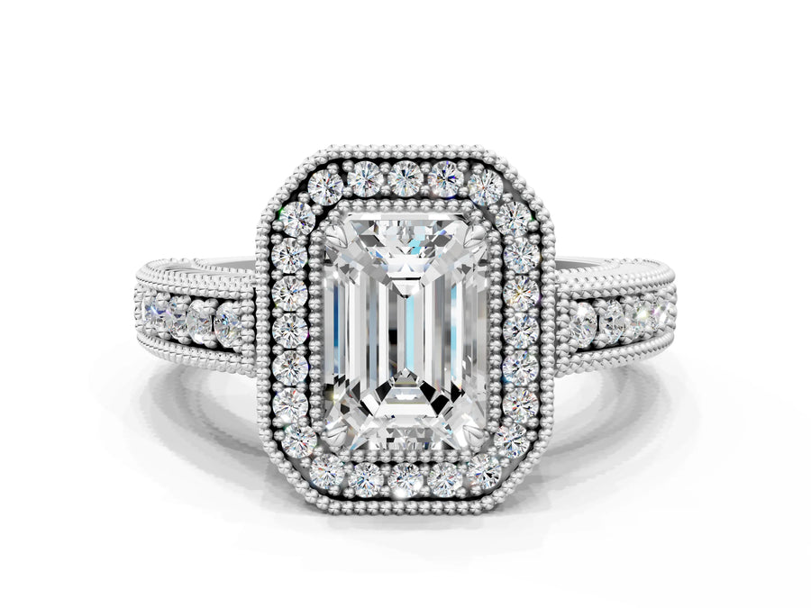 White gold Emerald Cut Halo Diamond Ring with Pavé Band and Four-Prong Setting
