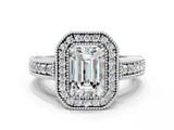 White gold Emerald Cut Halo Diamond Ring with Pavé Band and Four-Prong Setting_71