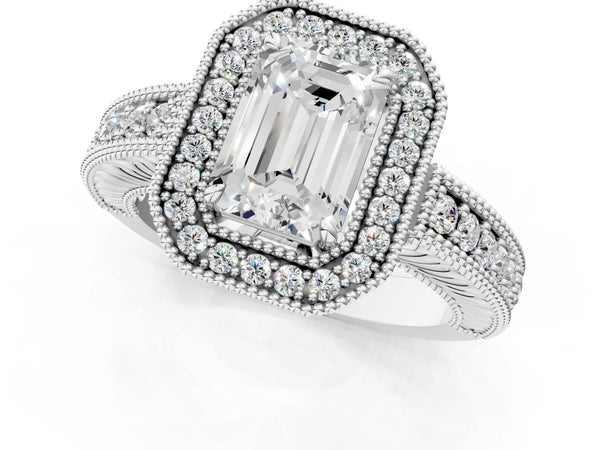 White gold Emerald Cut Halo Diamond Ring with Pavé Band and Four-Prong Setting