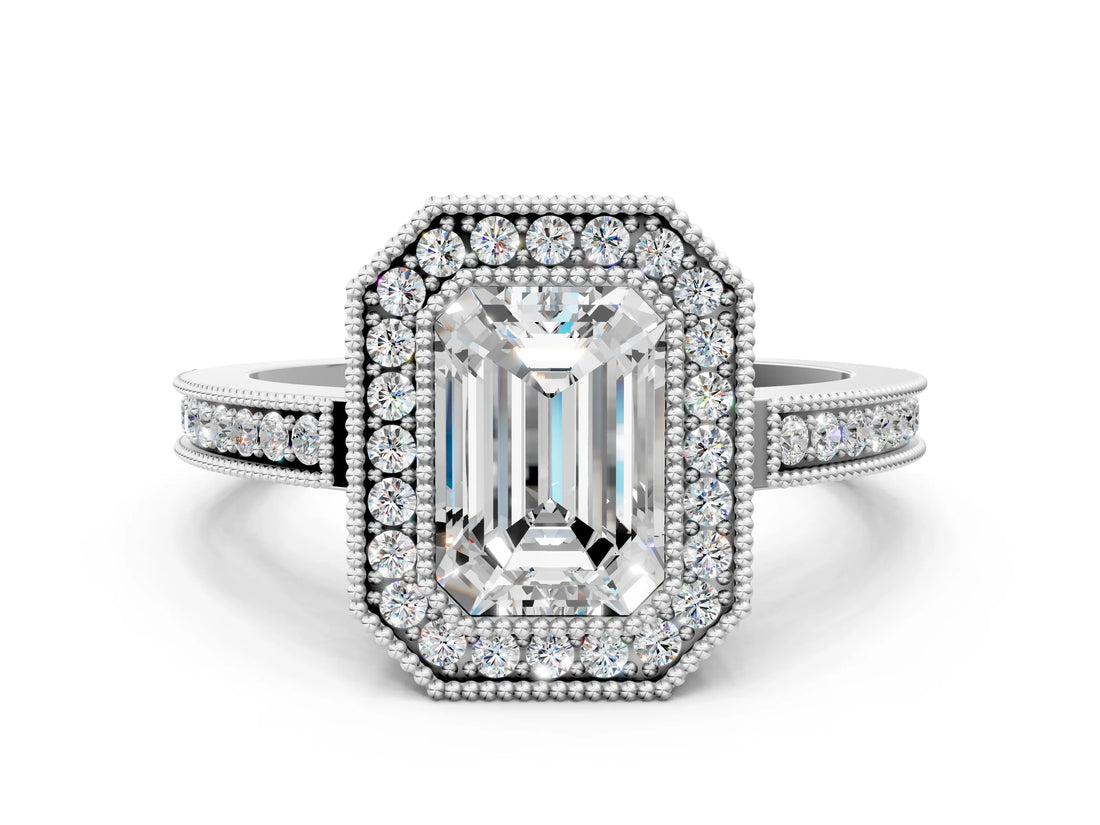 White gold Emerald Cut Halo Diamond Ring with Pavé Band and Milgrain Prong Setting_55