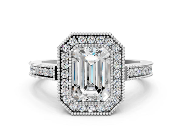 Platinum Emerald Cut Milgrain Halo Engagement Ring Setting with Pave Band and Filigree Gallery