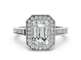 White gold Emerald Cut Halo Diamond Ring with Pavé Band and Milgrain Prong Setting_55