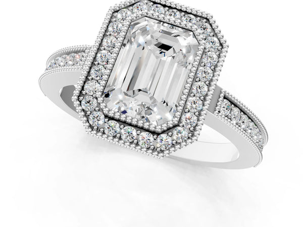 Platinum Emerald Cut Milgrain Halo Engagement Ring Setting with Pave Band and Filigree Gallery