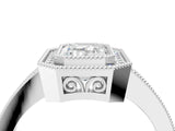 White gold Emerald Cut Halo Diamond Ring with Pavé Band and Milgrain Prong Setting_59
