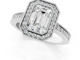 White gold Emerald Cut Halo Diamond Ring with Pavé Band and Milgrain Prong Setting_61