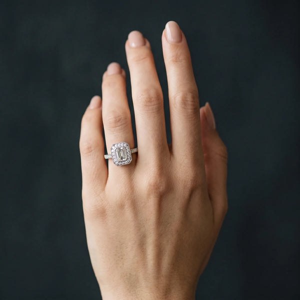 White gold Emerald-Cut Halo Diamond Ring with Pavé Band and Milgrain Prong Setting