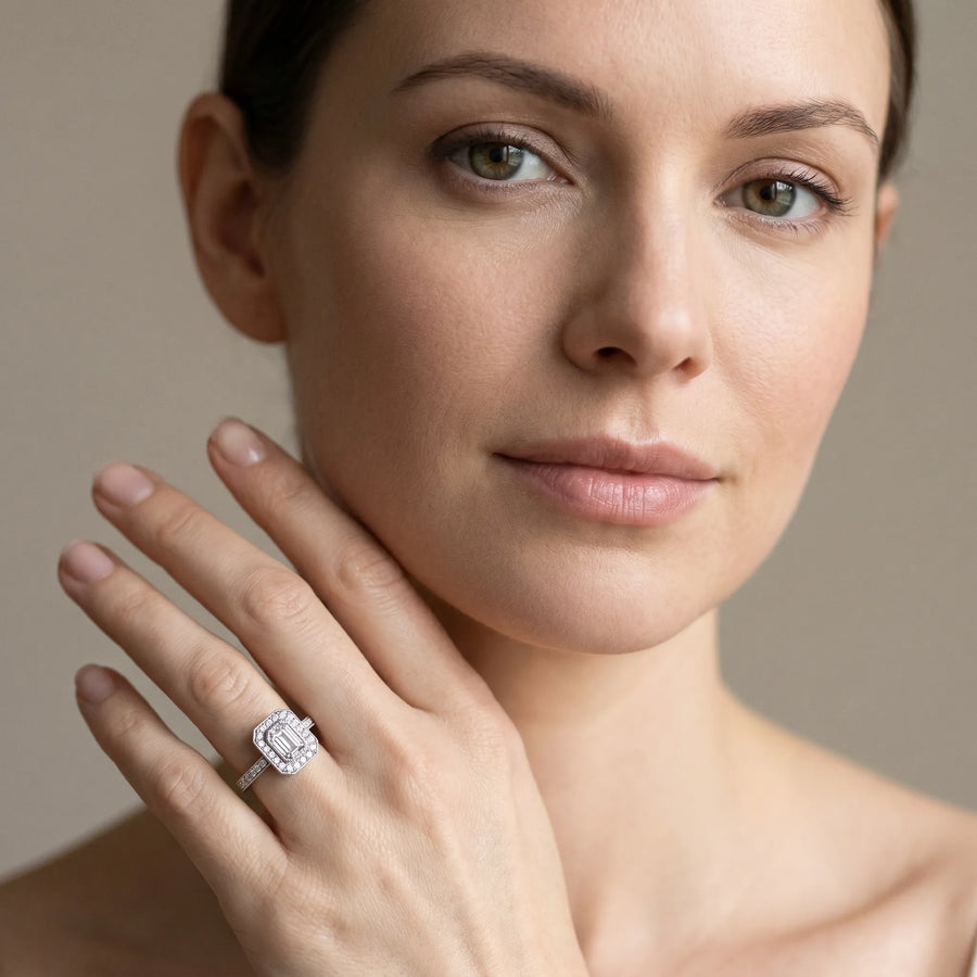 White gold Emerald-Cut Halo Diamond Ring with Pavé Band and Milgrain Prong Setting