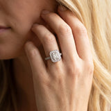 White gold Emerald-Cut Halo Diamond Ring with Pavé Band and Milgrain Prong Setting_8