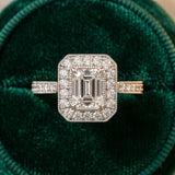 White gold Emerald-Cut Halo Diamond Ring with Pavé Band and Milgrain Prong Setting_9