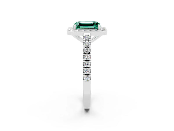 White gold Emerald Cut Green Sapphire Halo Ring with Round Pavé Split Shank and Prong Setting