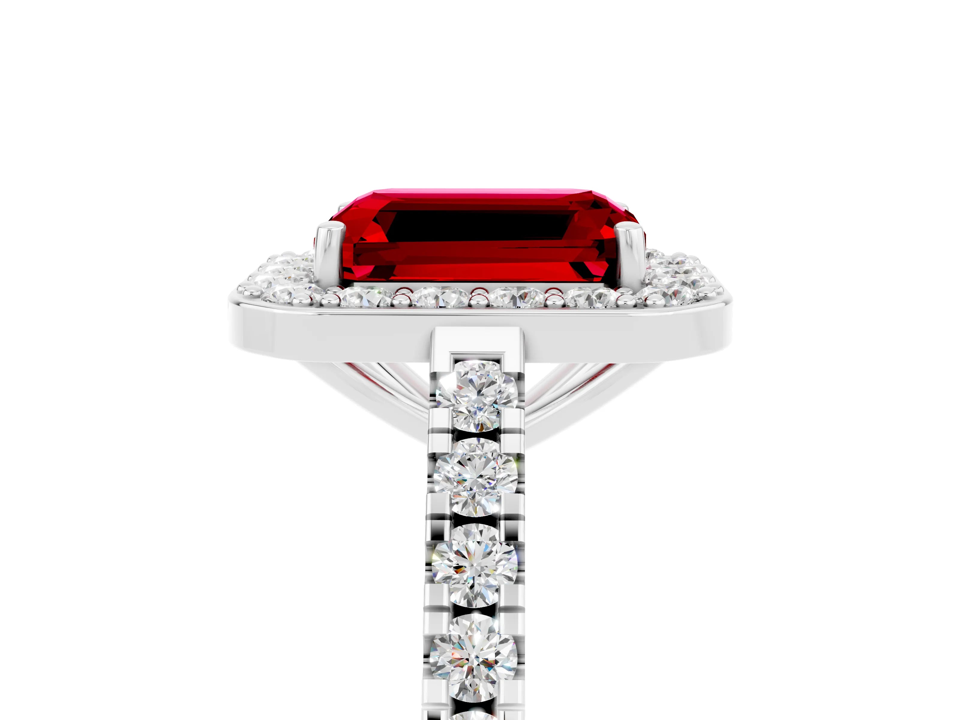 White gold Emerald Cut Halo Diamond Ring with Pavé Band and Three-Prong Setting_11