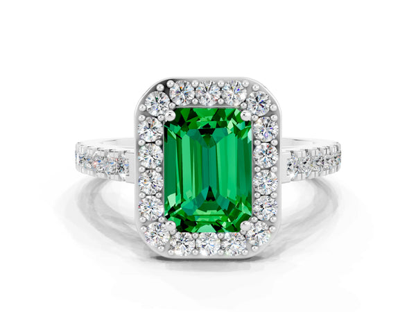 White gold Emerald Cut Emerald Halo Ring with Round Pavé Split Shank and Prong Setting
