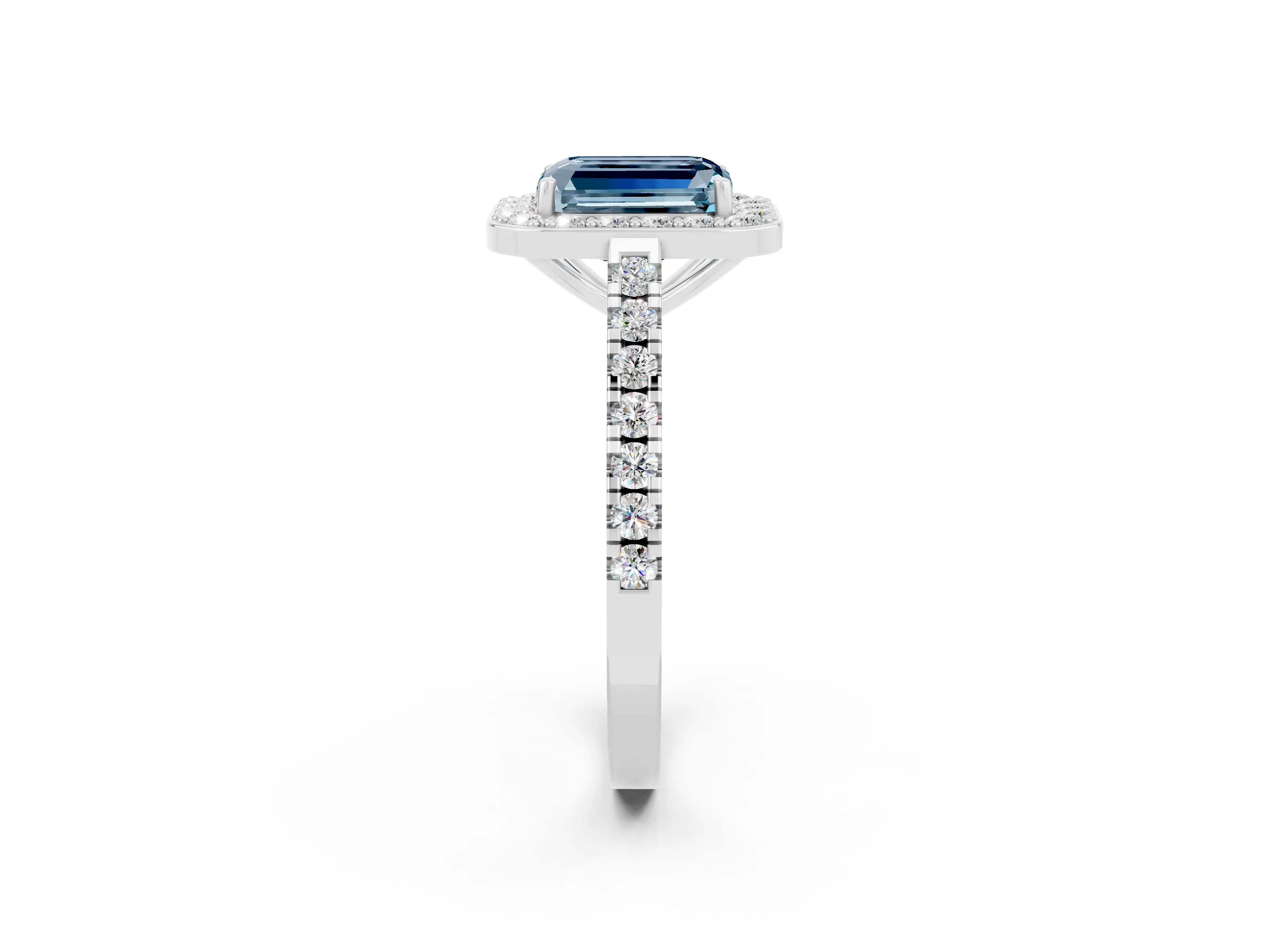 White gold Emerald Cut Halo Diamond Ring with Pavé Band and Three-Prong Setting_11