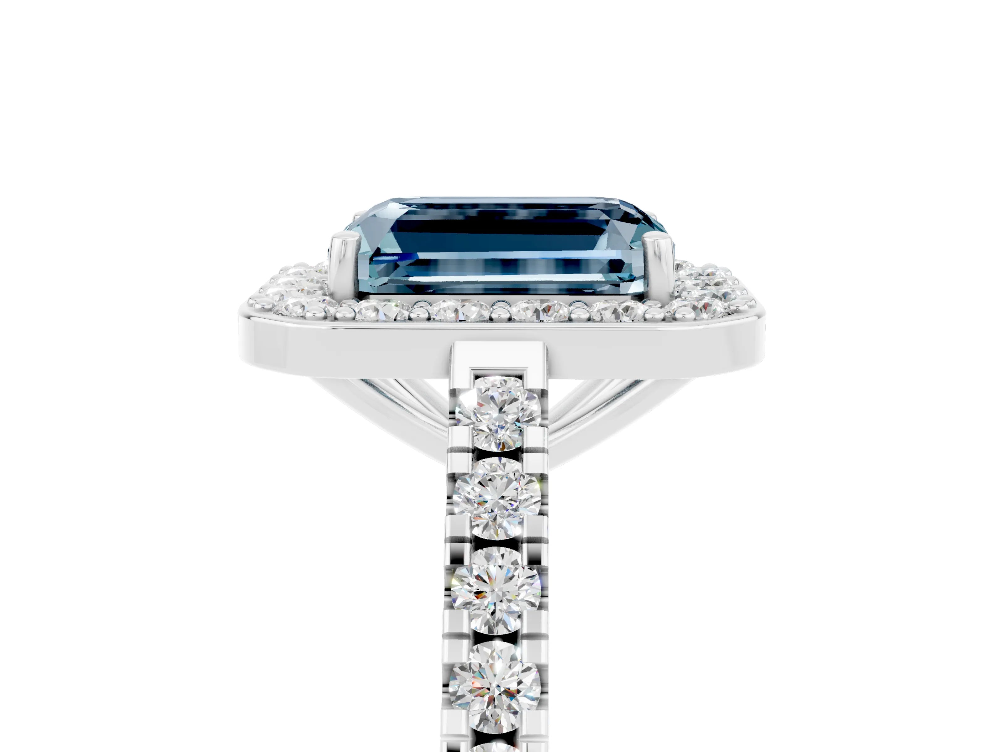White gold Emerald Cut Halo Diamond Ring with Pavé Band and Three-Prong Setting_11