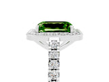 White gold Emerald Cut Halo Diamond Ring with Pavé Band and Three-Prong Setting_11