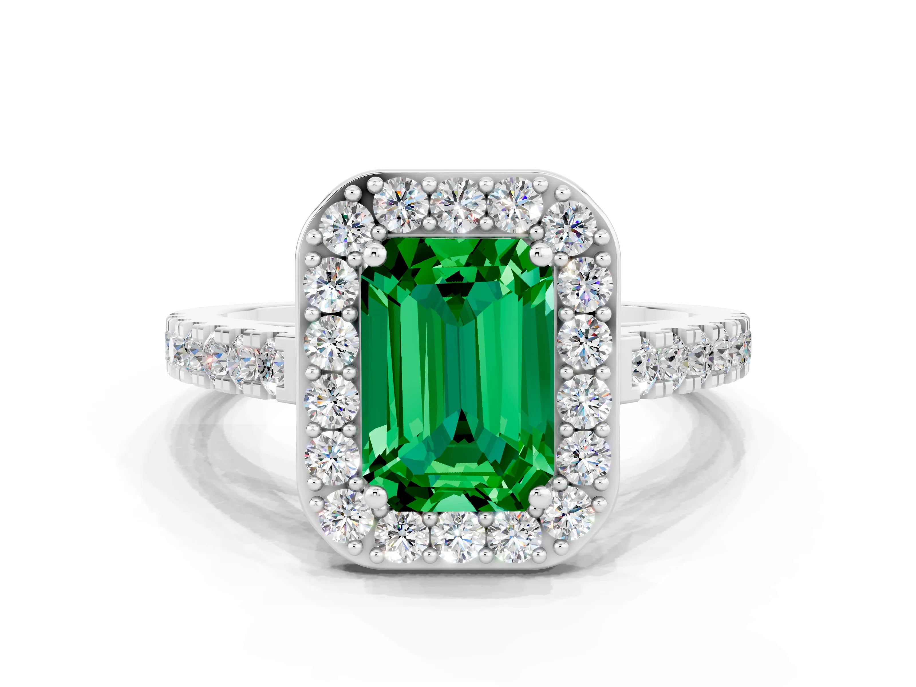 White gold Emerald Cut Halo Diamond Ring with Pavé Band and Three-Prong Setting_12