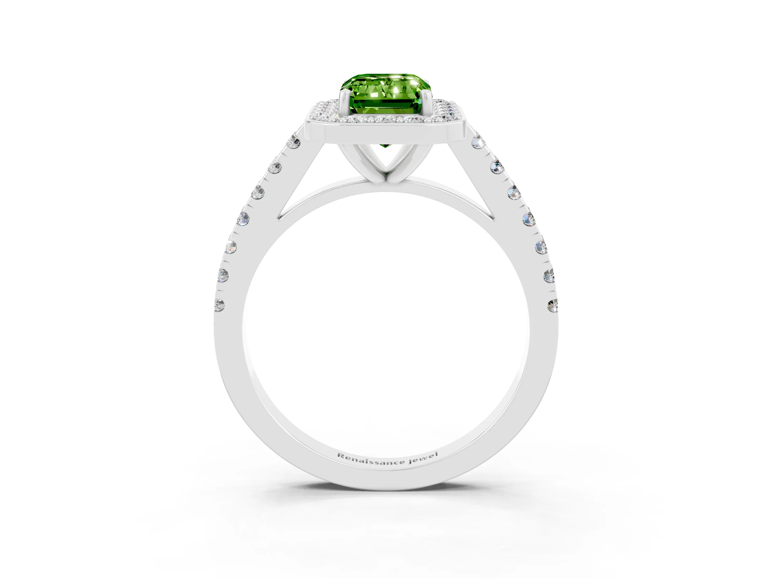 White gold Emerald Cut Halo Diamond Ring with Pavé Band and Three-Prong Setting_12