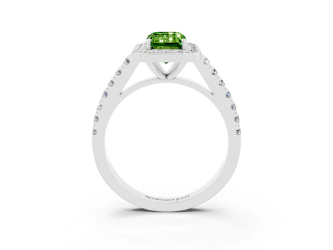 White gold Emerald Cut Halo Diamond Ring with Pavé Band and Three-Prong Setting_12