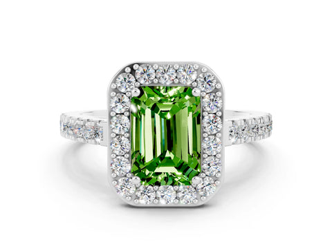 White gold Emerald Cut Halo Diamond Ring with Pavé Band and Three-Prong Setting_12