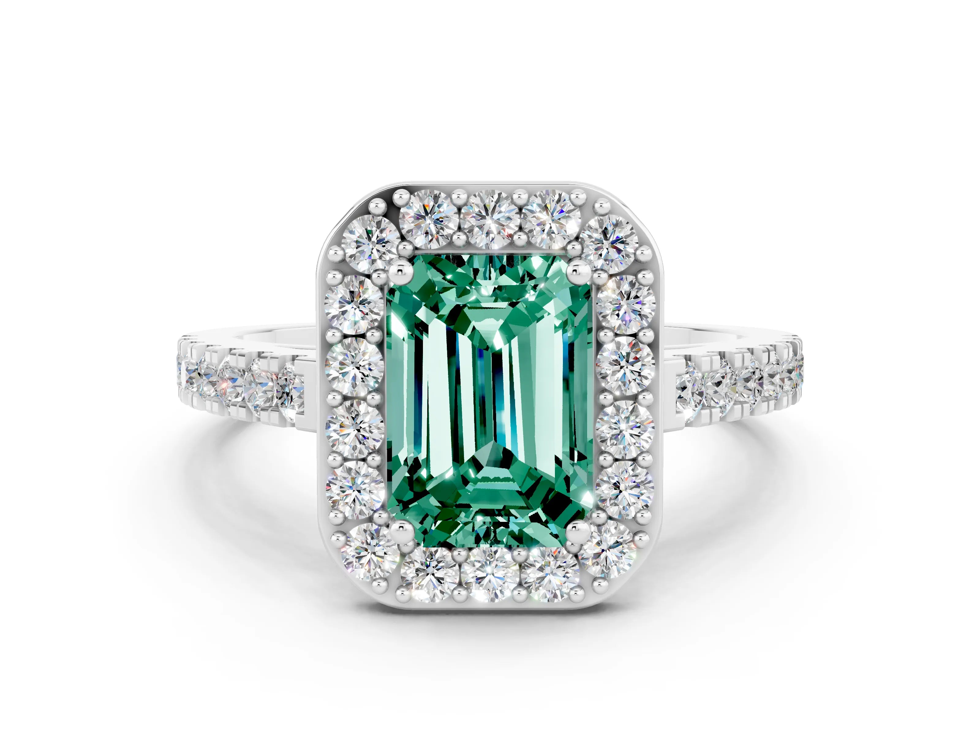 White gold Emerald Cut Halo Diamond Ring with Pavé Band and Three-Prong Setting_12