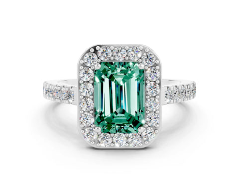White gold Emerald Cut Halo Diamond Ring with Pavé Band and Three-Prong Setting_12