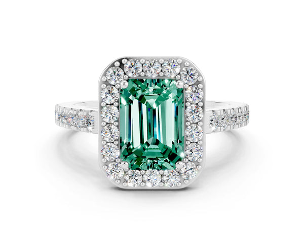 Silver Emerald Cut Green Sapphire Halo Ring with Round Pavé Split Shank and Prong Setting