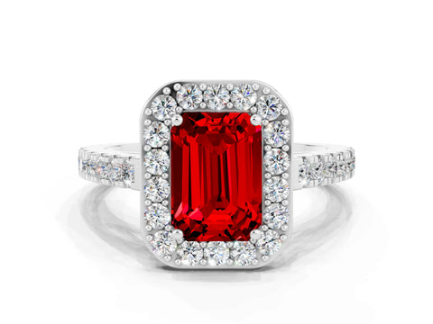 White gold Emerald Cut Halo Diamond Ring with Pavé Band and Three-Prong Setting_12