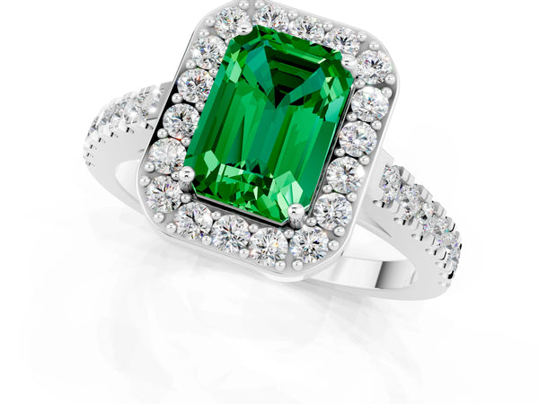 Platinum Emerald Cut Emerald Halo Ring with Round Pavé Split Shank and Prong Setting