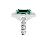 White gold Emerald Cut Halo Diamond Ring with Pavé Band and Three-Prong Setting_13