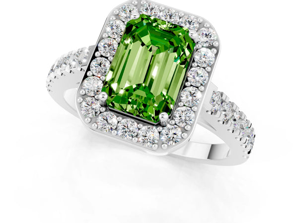 Platinum Emerald Cut Halo Diamond Ring with Pavé Band and Three-Prong Setting