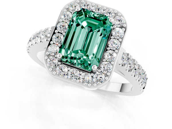 Platinum Emerald Cut Green Sapphire Halo Ring with Round Pavé Split Shank and Prong Setting