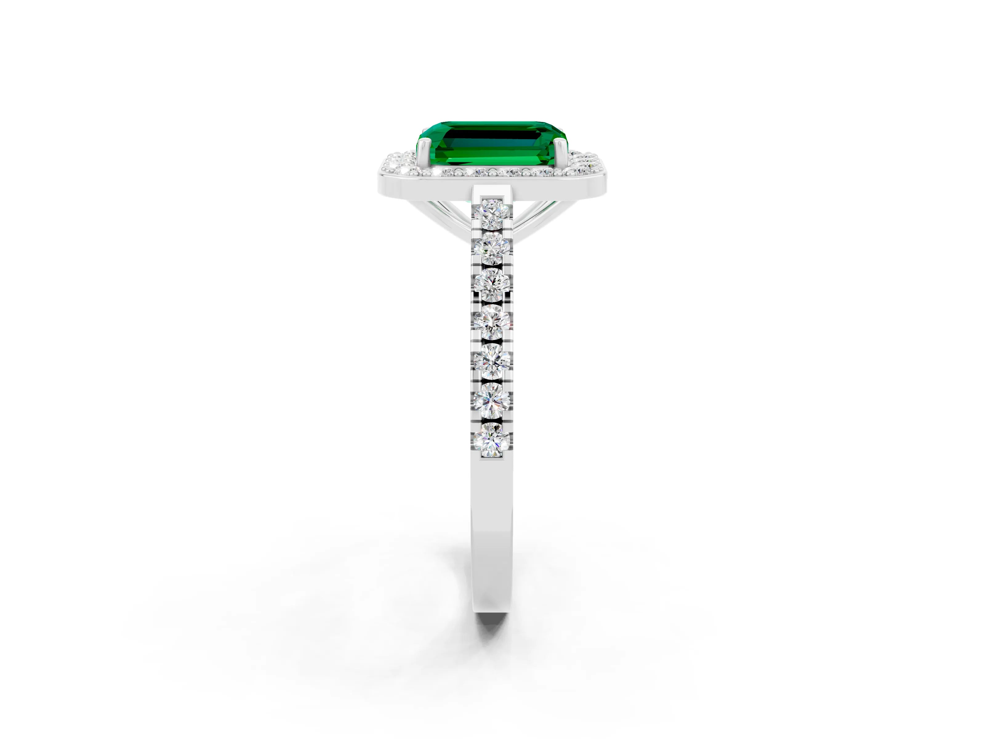 White gold Emerald Cut Halo Diamond Ring with Pavé Band and Three-Prong Setting_14
