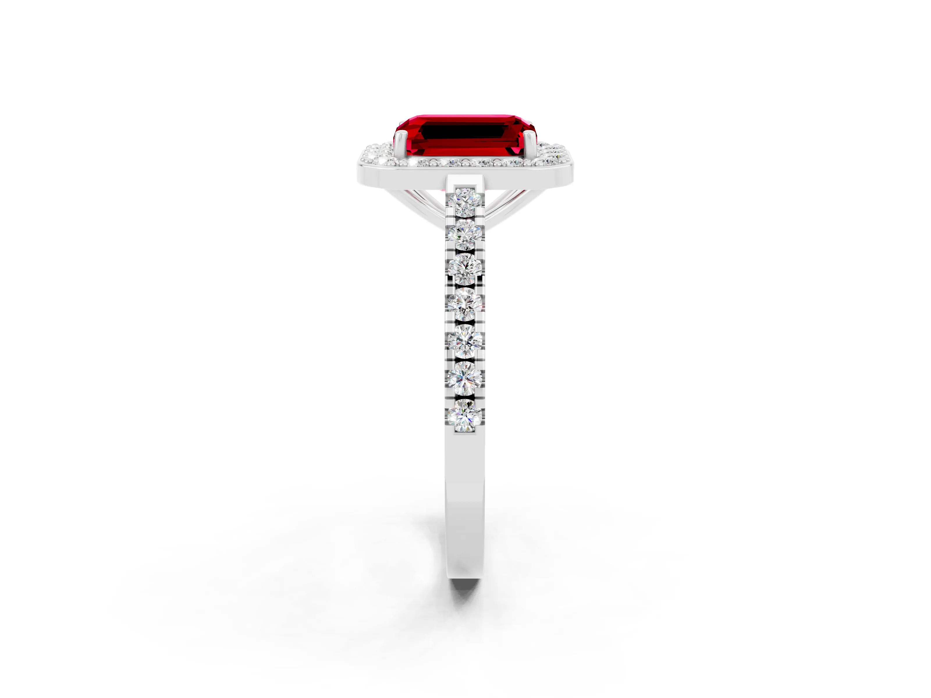 White gold Emerald Cut Halo Diamond Ring with Pavé Band and Three-Prong Setting_14