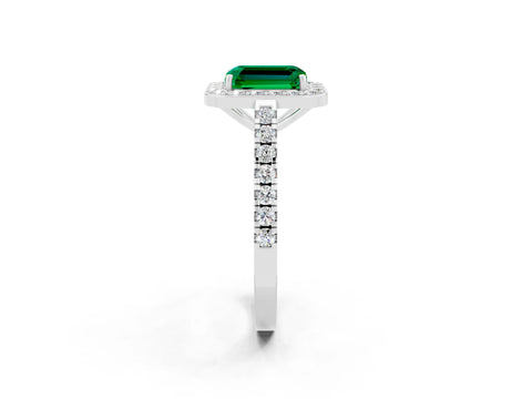 White gold Emerald Cut Halo Diamond Ring with Pavé Band and Three-Prong Setting_14
