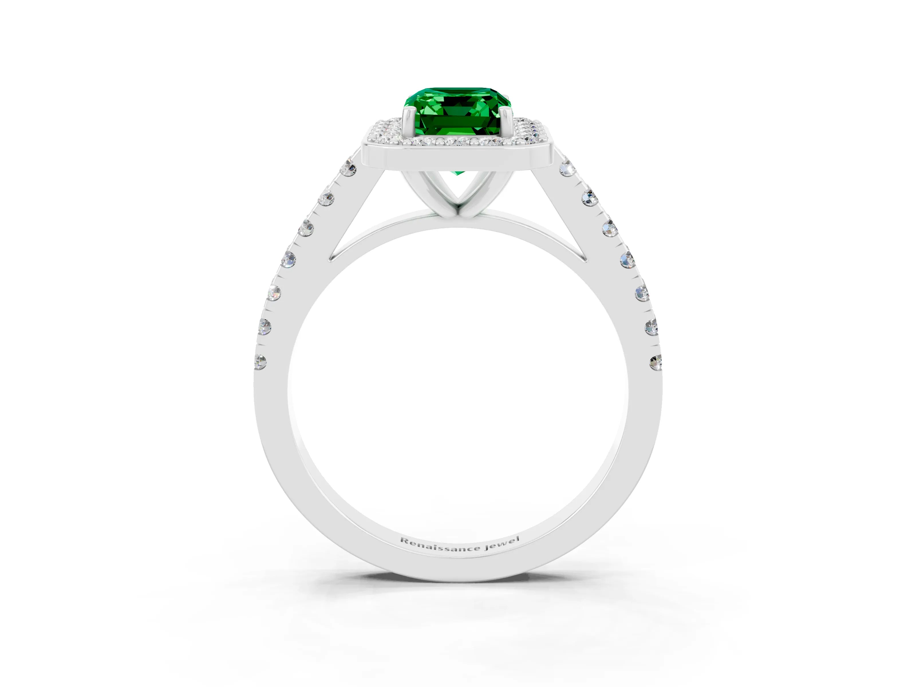White gold Emerald Cut Halo Diamond Ring with Pavé Band and Three-Prong Setting_14