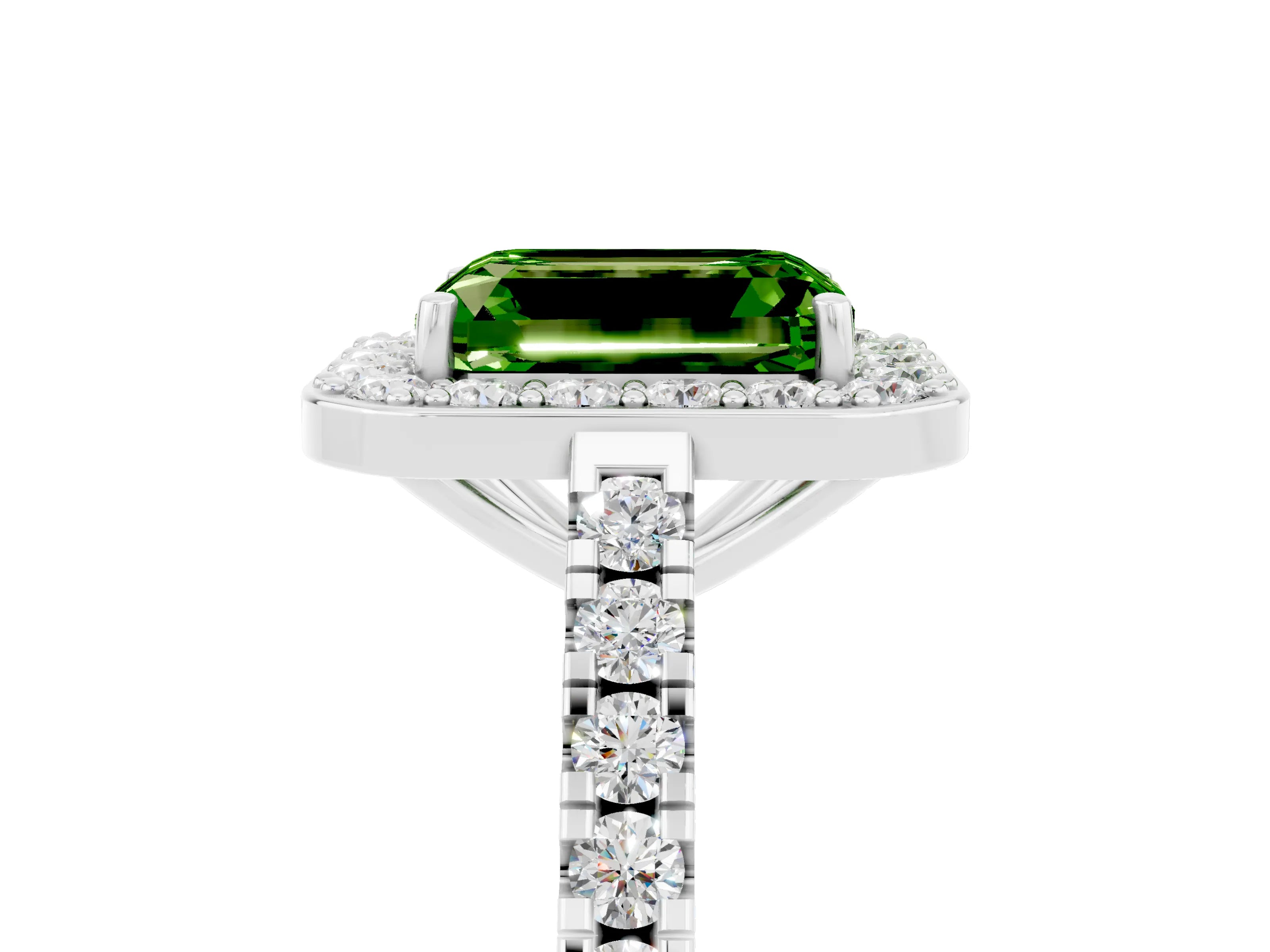 White gold Emerald Cut Halo Diamond Ring with Pavé Band and Three-Prong Setting_14