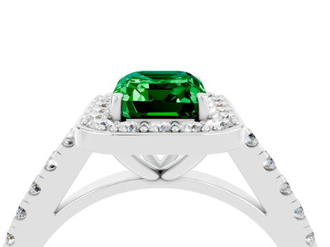 White gold Emerald Cut Halo Diamond Ring with Pavé Band and Three-Prong Setting_15