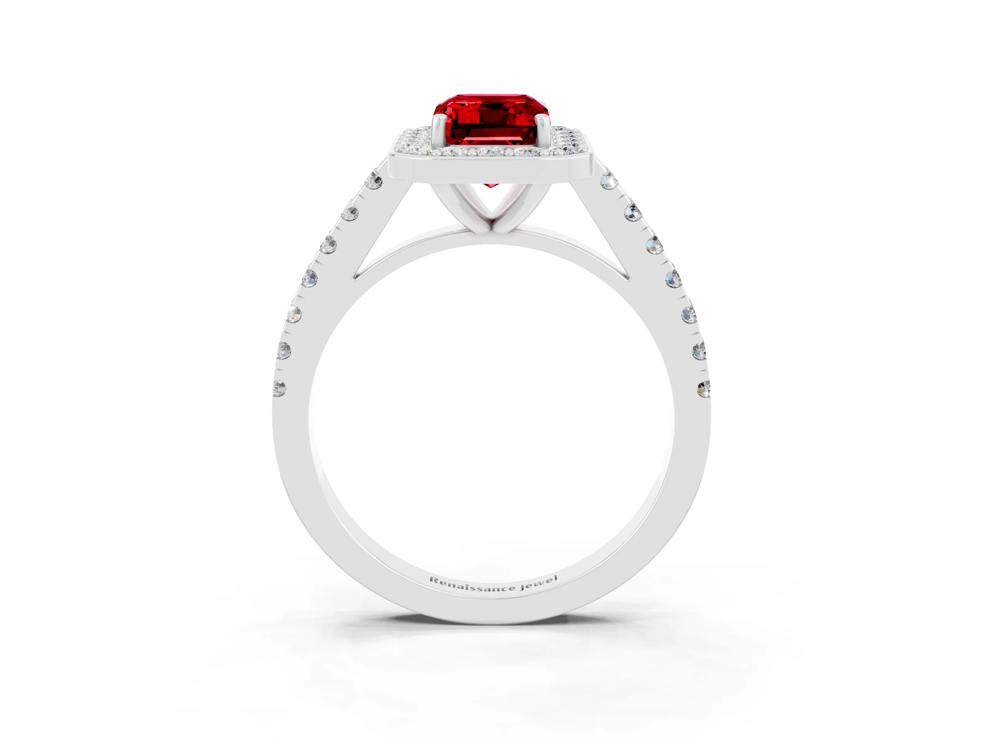 White gold Emerald Cut Halo Diamond Ring with Pavé Band and Three-Prong Setting_15