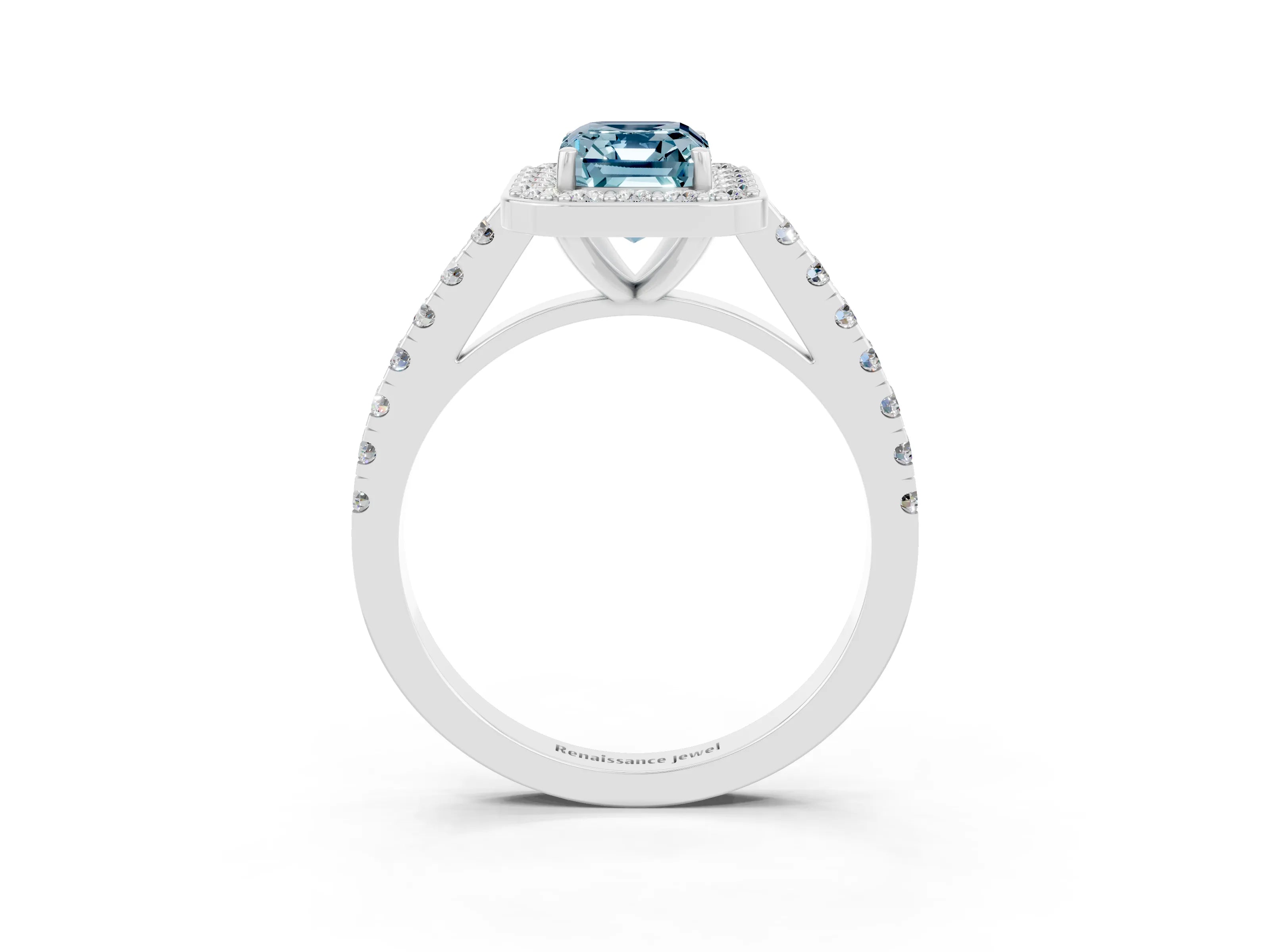 White gold Emerald Cut Halo Diamond Ring with Pavé Band and Three-Prong Setting_15